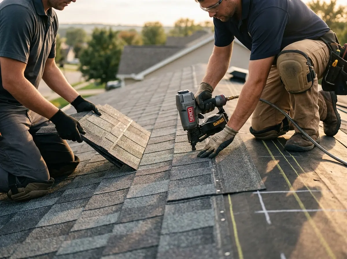 Professional roofer working on a residential roof in Bowie